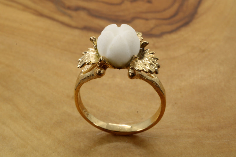 Cotton Boll Ring with Three-Dimensional Hand Carved white quartz stone