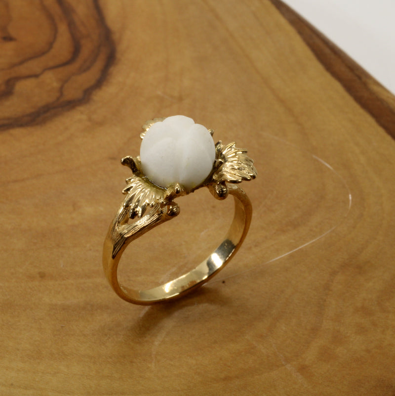 Cotton Boll Ring with Three-Dimensional Hand Carved white quartz stone