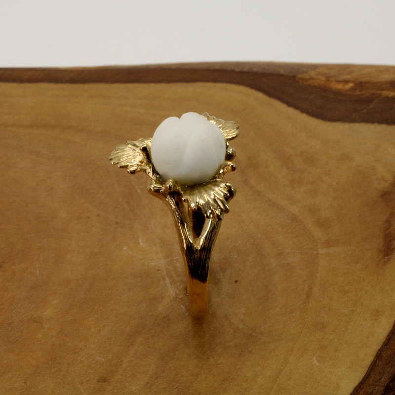 Cotton Boll Ring with Three-Dimensional Hand Carved white quartz stone