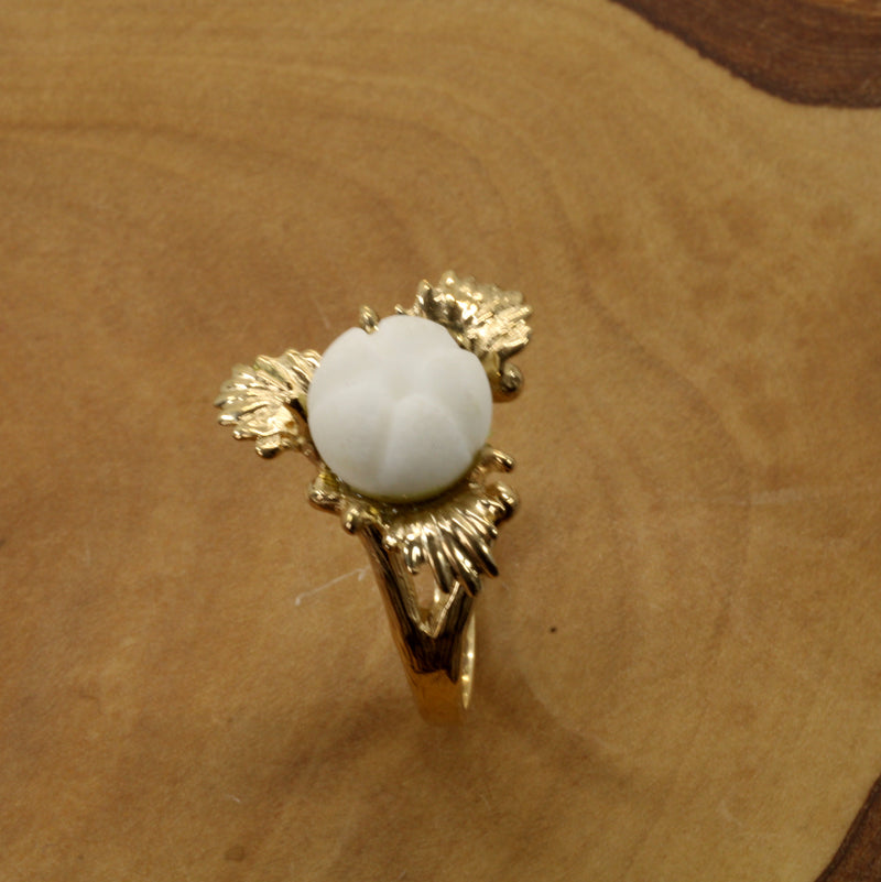 Cotton Boll Ring with Three-Dimensional Hand Carved white quartz stone