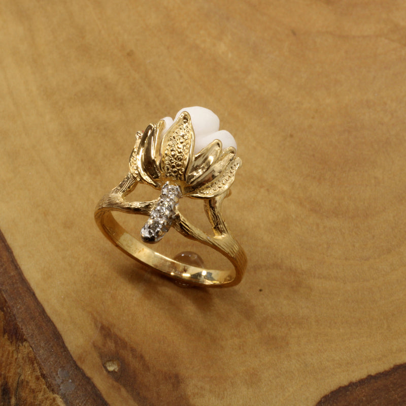 Ladies Cotton Boll Ring with Hand Carved white stone and diamonds