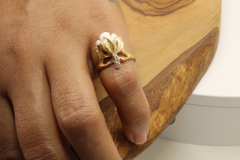 Ladies Cotton Boll Ring with Hand Carved white stone and diamonds