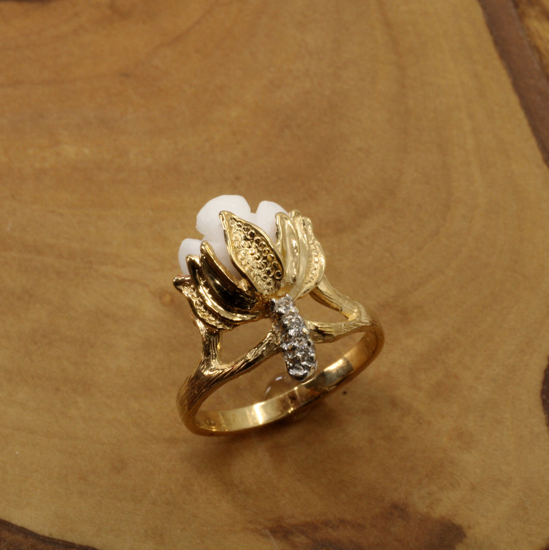 Ladies Cotton Boll Ring with Hand Carved white stone and diamonds