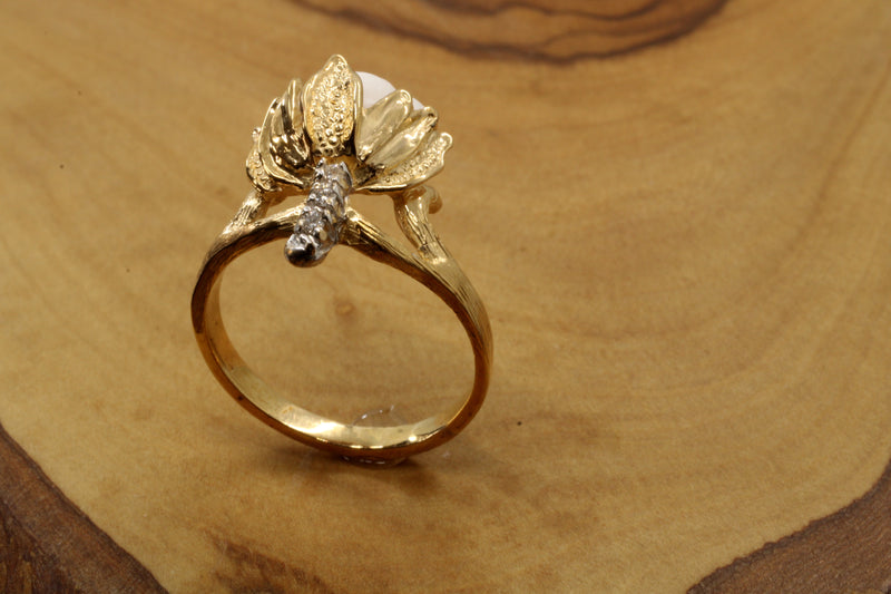 Ladies Cotton Boll Ring with Hand Carved white stone and diamonds