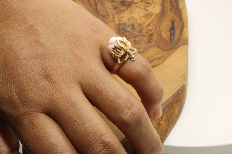 Ladies Cotton Boll Ring with Hand Carved white stone and diamonds