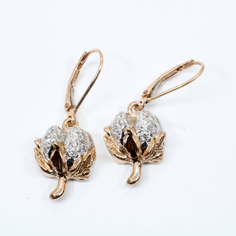 Diamond Cotton Boll Dangle Earrings in Rose Gold with three-dimensional bolls