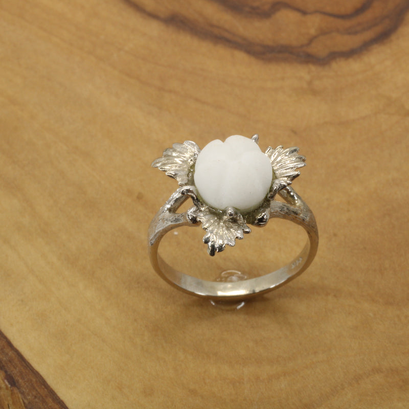 Cotton Boll Ring with 3-D Hand Carved white quartz stone in 14kt White Gold