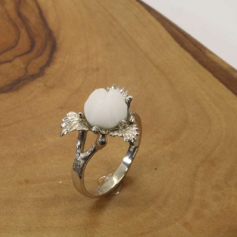 Cotton Boll Ring with 3-D Hand Carved white quartz stone in 14kt White Gold