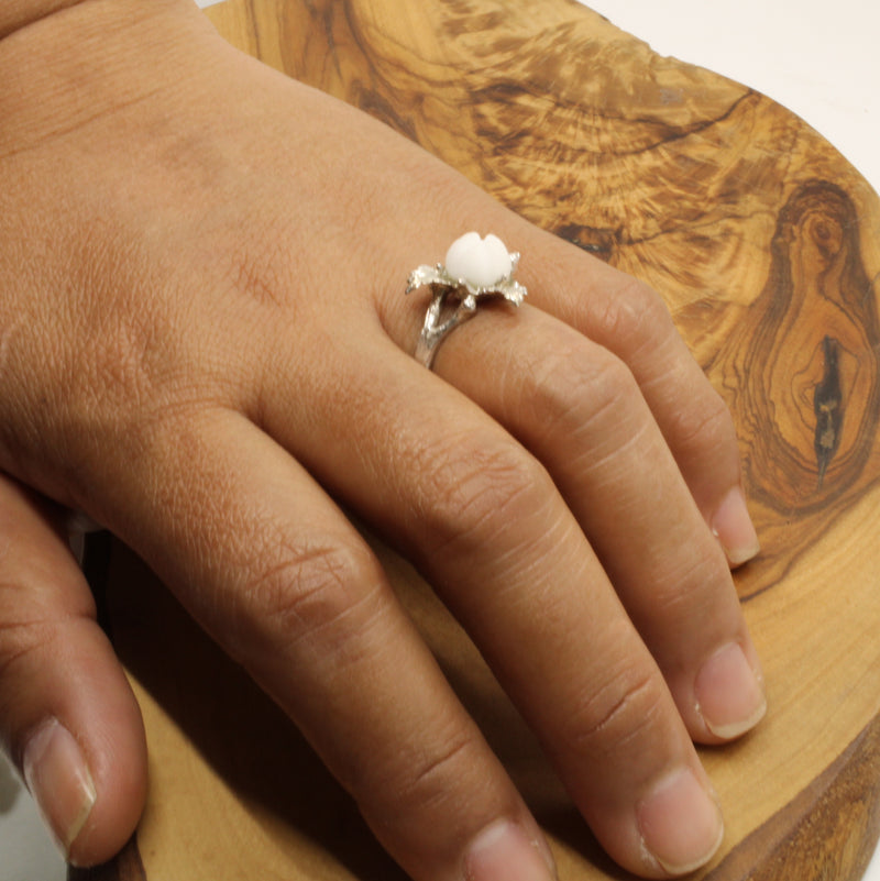 Cotton Boll Ring with 3-D Hand Carved white quartz stone in 14kt White Gold