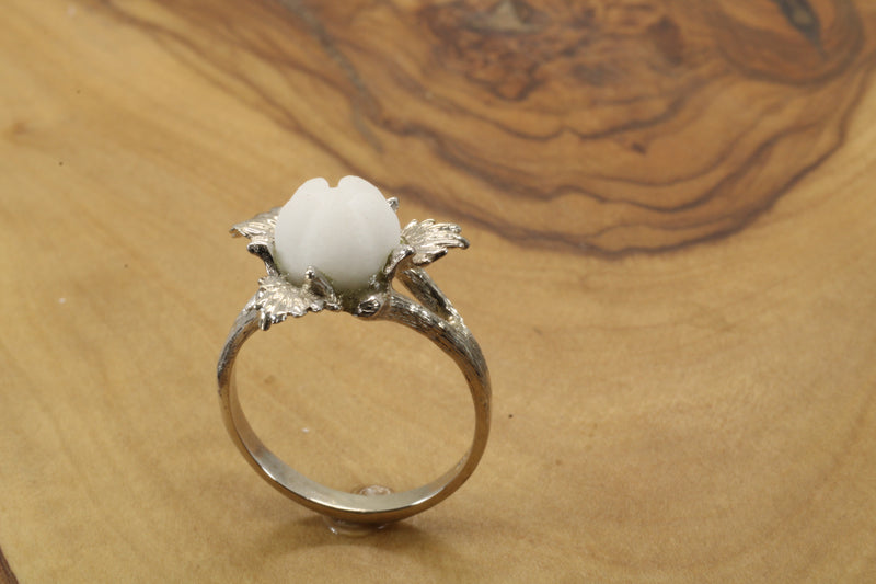 Cotton Boll Ring with 3-D Hand Carved white quartz stone in 14kt White Gold