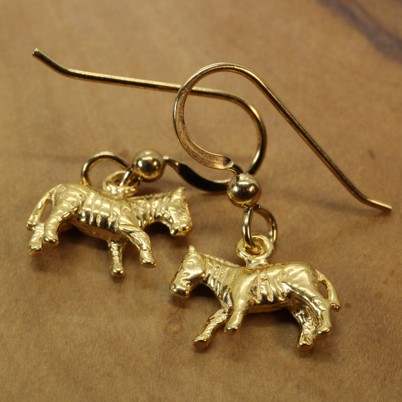 Gold 3-d Zebra Dangle Earrings for her made in 14kt gold vermeil
