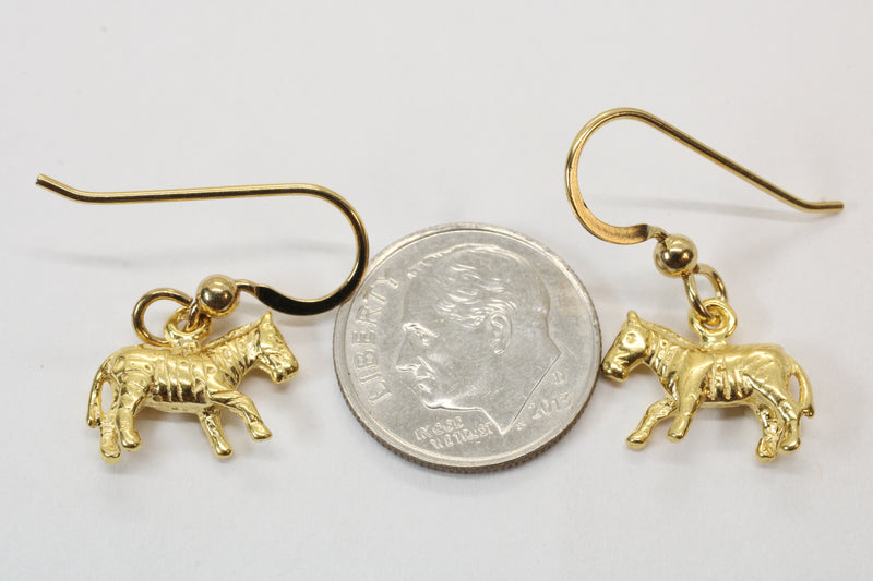 Gold 3-d Zebra Dangle Earrings for her made in 14kt gold vermeil