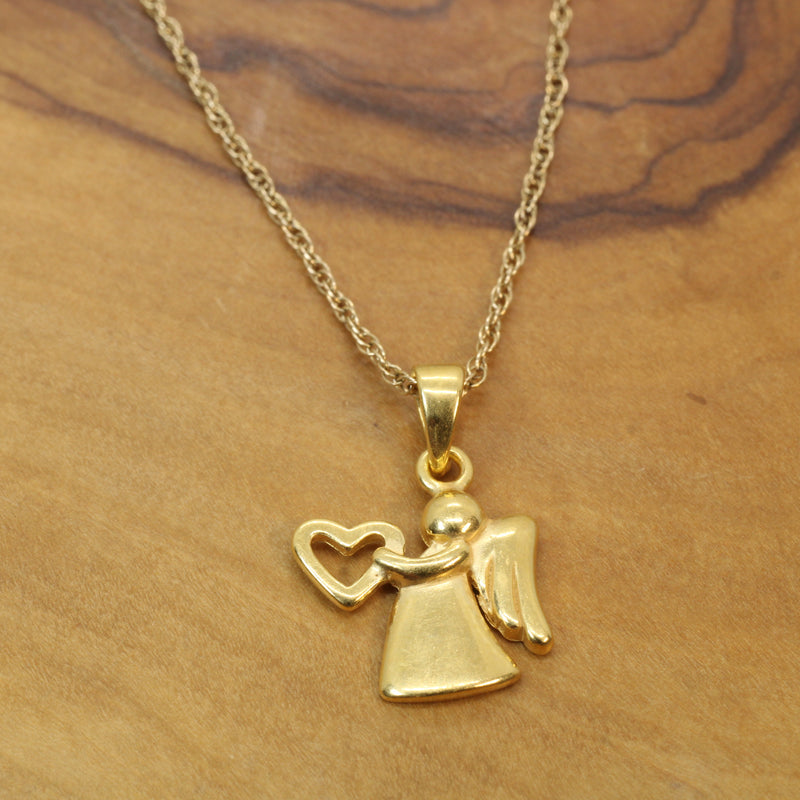 Gold Angel with Heart Necklace for him or her made in gold vermeil