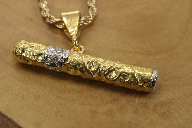 Gold Cigar Necklace with Diamond Band Made in 14kt Gold Vermeil