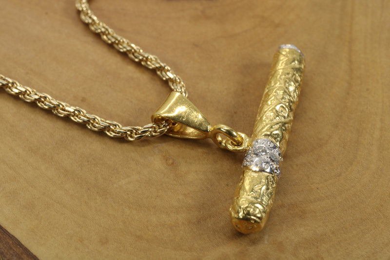 Gold Cigar Necklace with Diamond Band Made in 14kt Gold Vermeil