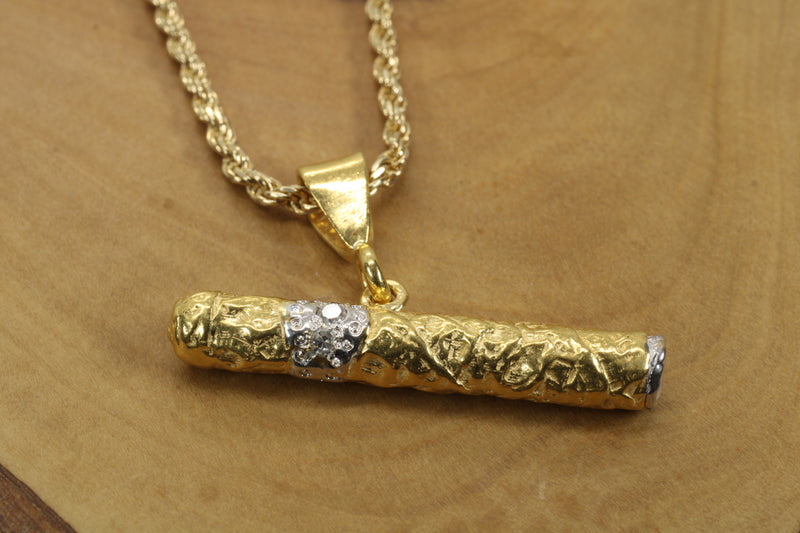 Gold Cigar Necklace with Diamond Band Made in 14kt Gold Vermeil