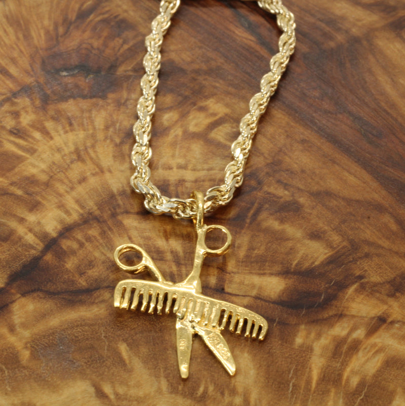 Gold Comb & Scissors Necklace for him or her made in 14kt gold vermeil