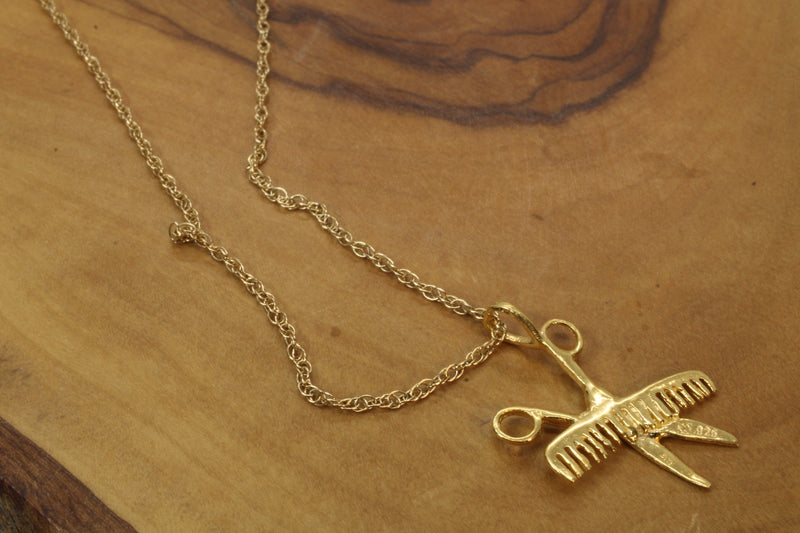 Gold Comb & Scissors Necklace for him or her made in 14kt gold vermeil