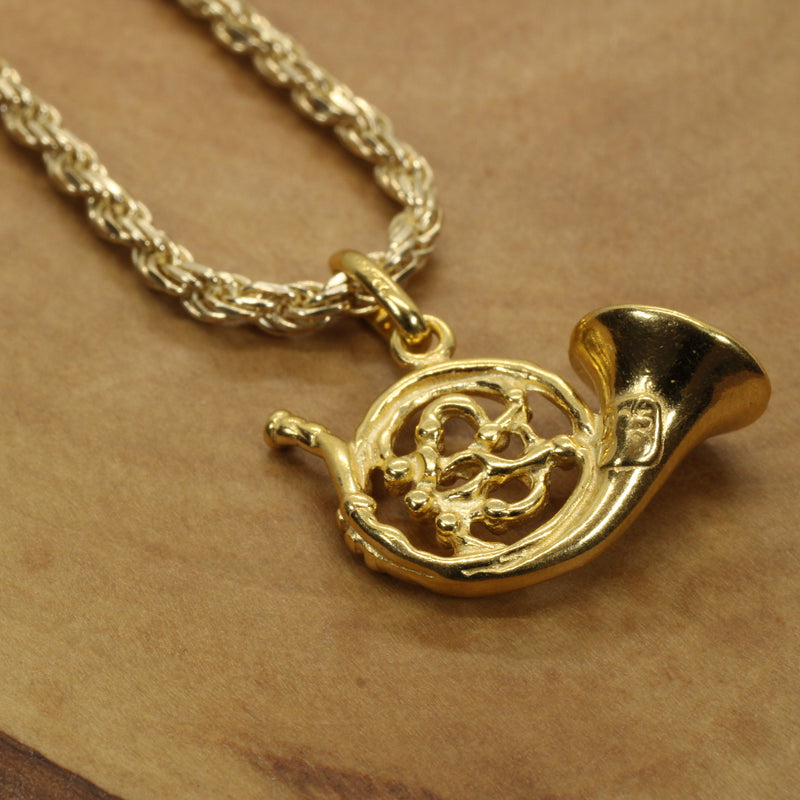 Gold French Horn Necklace for him or her made in 14kt gold vermeil