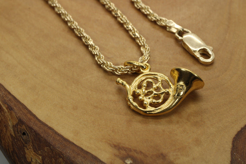 Gold French Horn Necklace for him or her made in 14kt gold vermeil