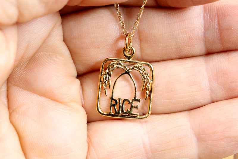 Gold Rice Logo Necklace with Frame in 14kt gold vermeil for her