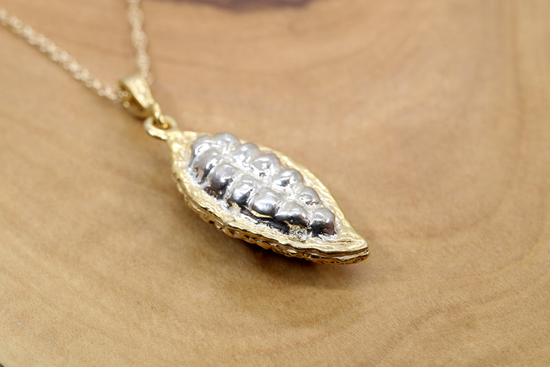Gold Cocoa or Cacao bean fruit pod necklace made in 14kt gold vermeil for him or her