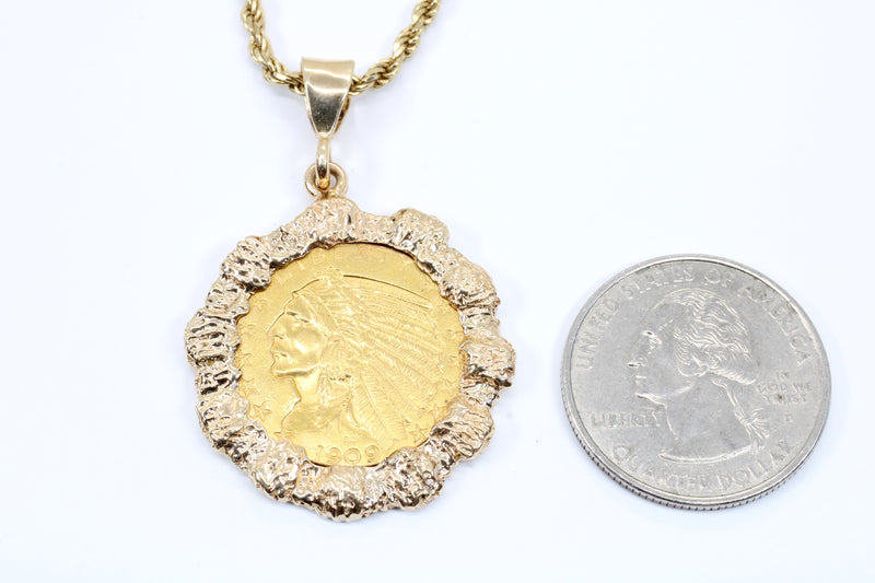 Gold Coin Necklace with five dollar indian head gold piece for man or woman