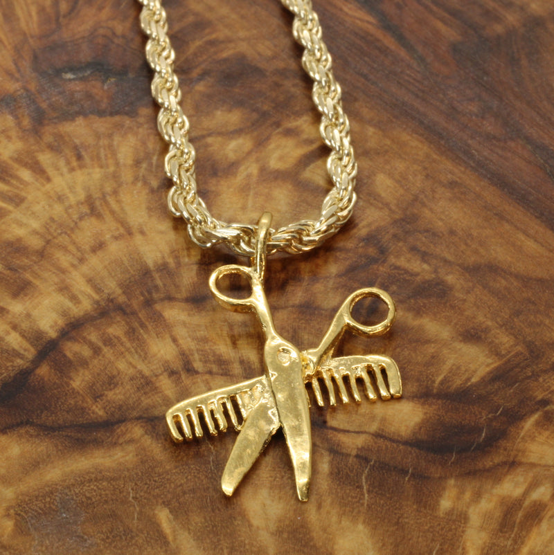 Gold Comb & Scissors Necklace for him or her made in 14kt gold vermeil
