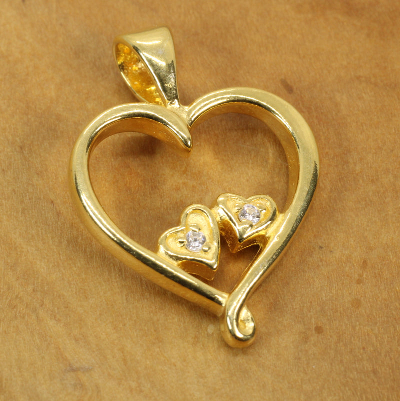 Gold Open Heart with two tiny hearts with a CZ stone in them Necklace