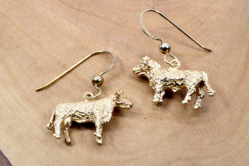 Gold Hereford Cow Dangle Earrings with 14kt Gold Vermeil Cows