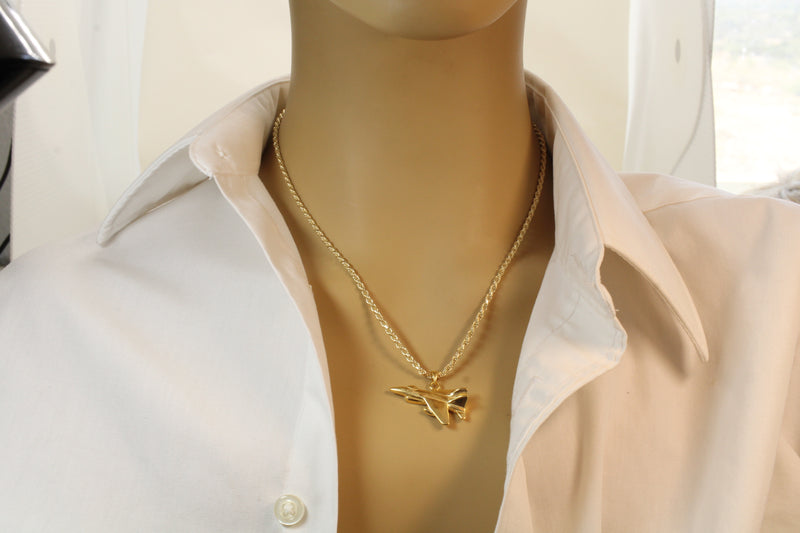 Large-Size Gold Fighter Jet Necklace made in 14kt Gold Vermeil For Him