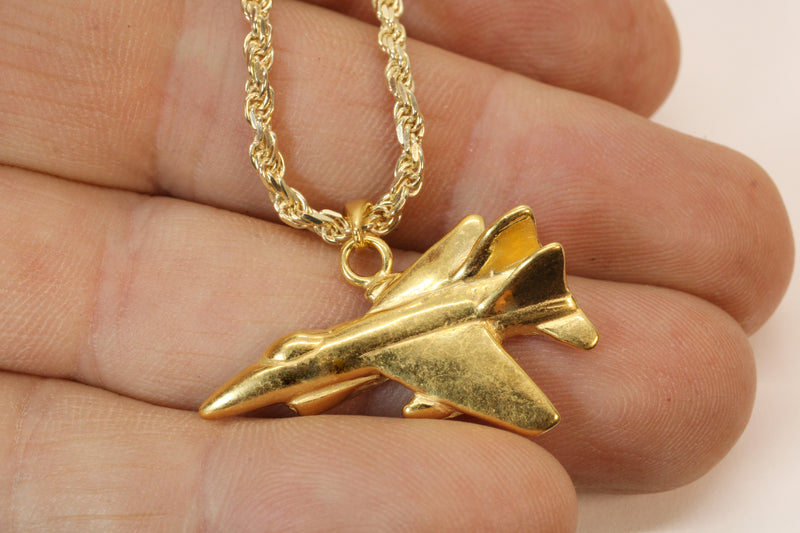 Large-Size Gold Fighter Jet Necklace made in 14kt Gold Vermeil For Him