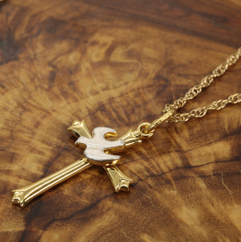 Gold Cross with a Silver Dove Necklace in a medium size made in Gold Vermeil