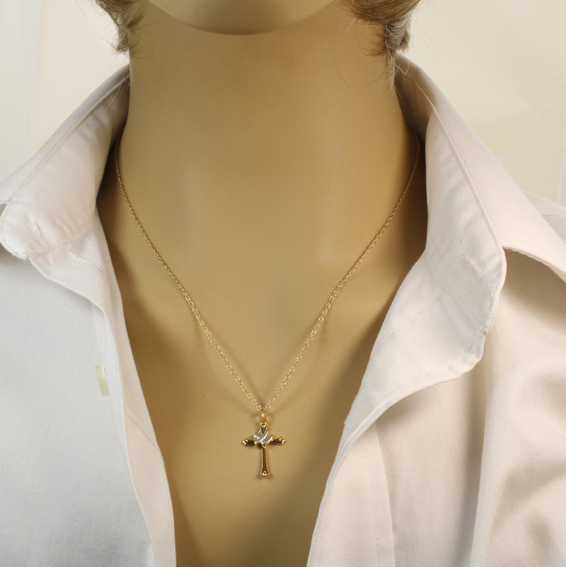 Gold Cross with a Silver Dove Necklace in a medium size made in Gold Vermeil