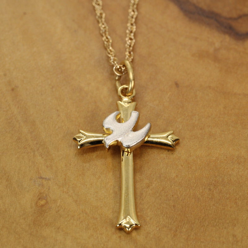 Gold Cross with a Silver Dove Necklace in a medium size made in Gold Vermeil