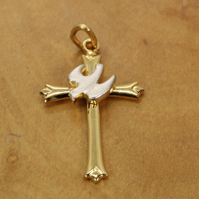 Gold Cross with a Silver Dove Necklace in a medium size made in Gold Vermeil