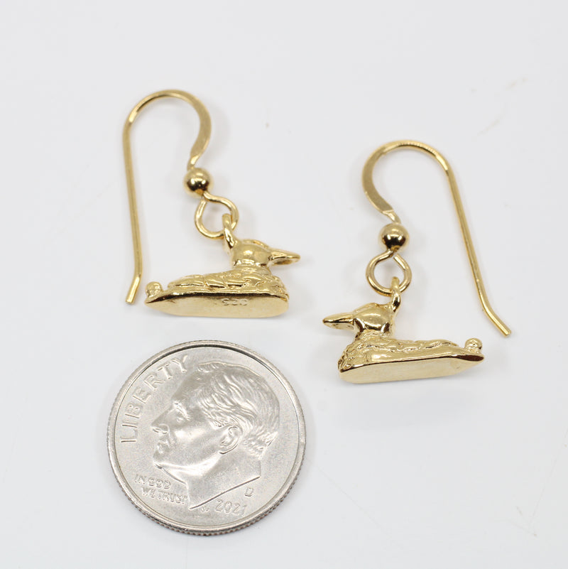 Gold Mallard Duck Dangle Earrings for her made in 14kt gold vermeil