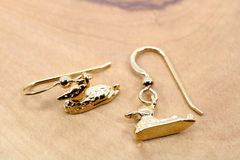 Gold Mallard Duck Dangle Earrings for her made in 14kt gold vermeil