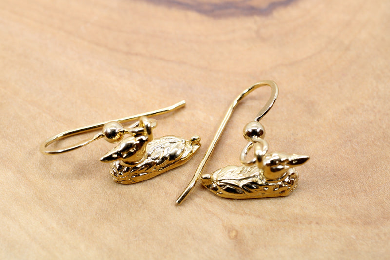 Gold Mallard Duck Dangle Earrings for her made in 14kt gold vermeil