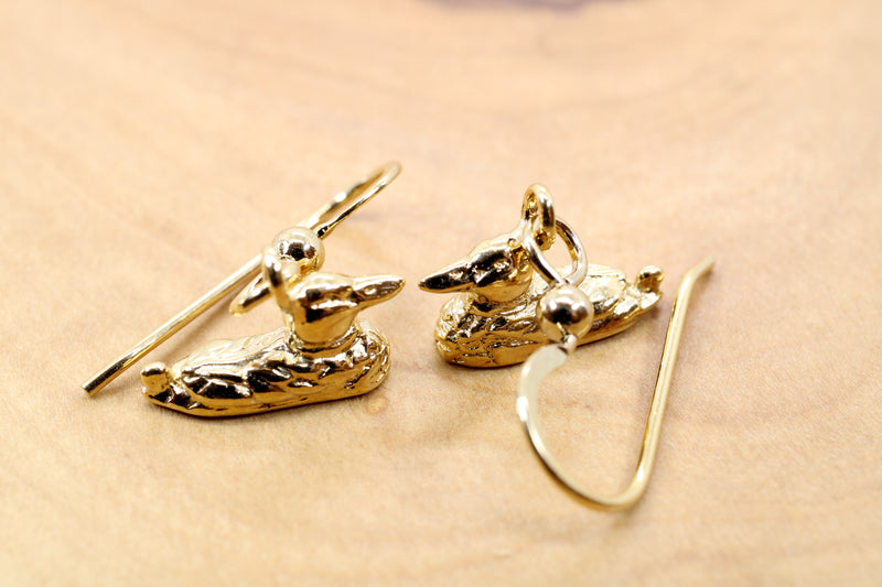 Gold Mallard Duck Dangle Earrings for her made in 14kt gold vermeil