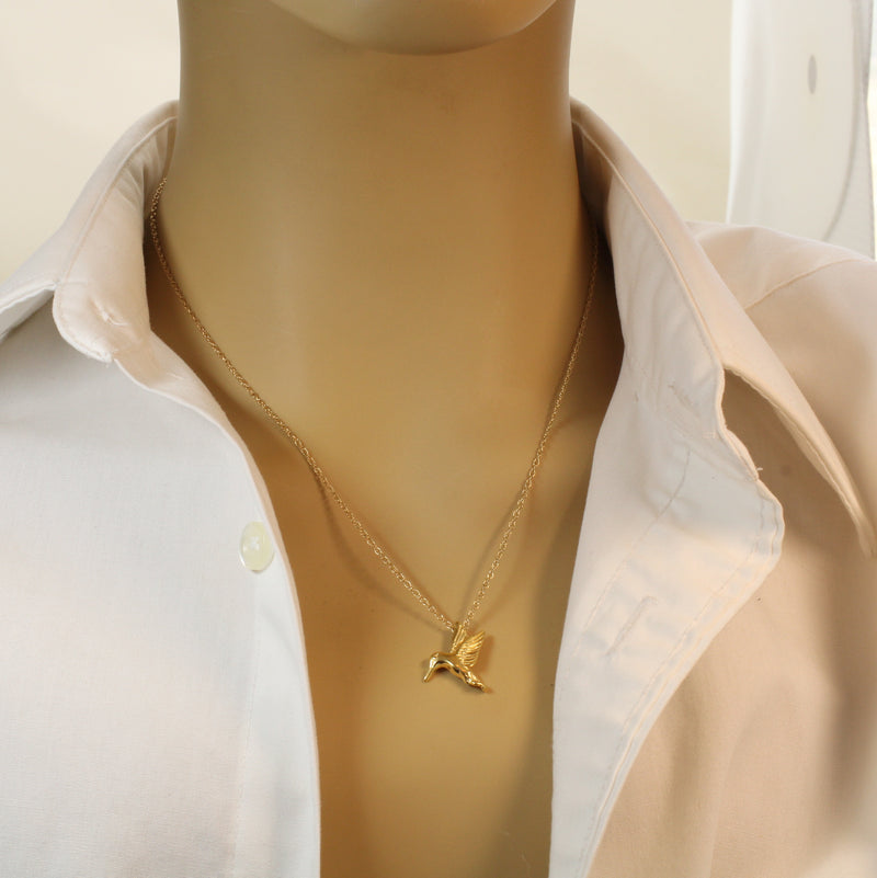 Gold Flying Hummingbird Necklace: 14kt Vermeil Bird Charm for her