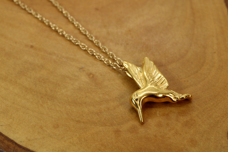 Gold Flying Hummingbird Necklace: 14kt Vermeil Bird Charm for her