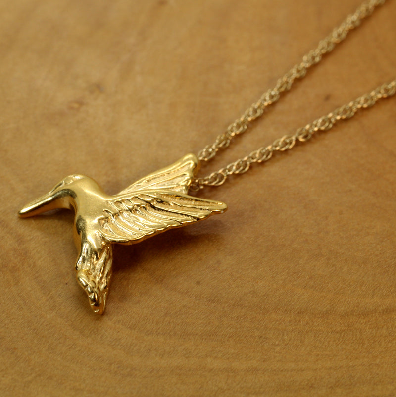 Gold Flying Hummingbird Necklace: 14kt Vermeil Bird Charm for her