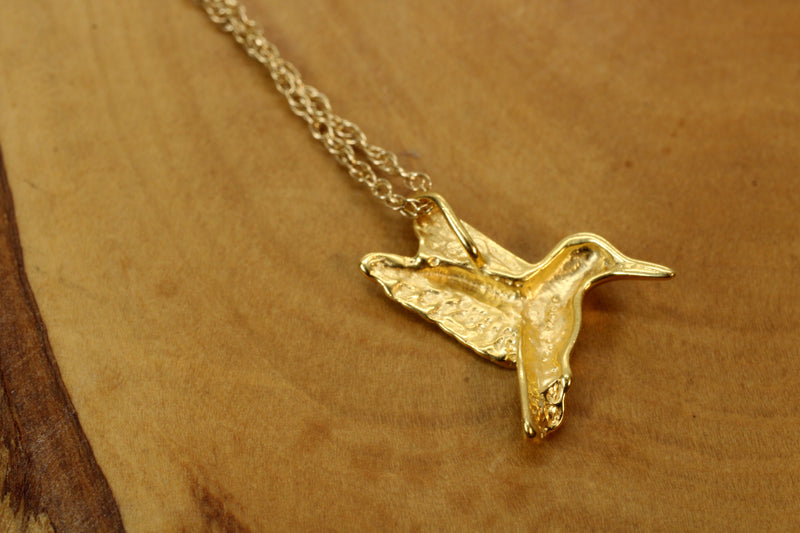 Gold Flying Hummingbird Necklace: 14kt Vermeil Bird Charm for her