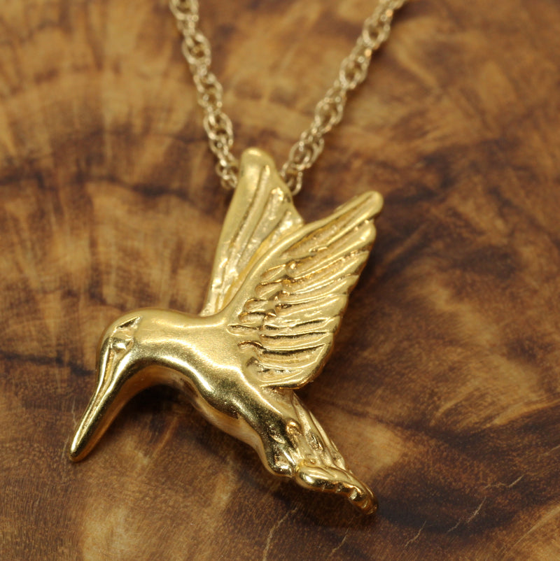 Gold Flying Hummingbird Necklace: 14kt Vermeil Bird Charm for her