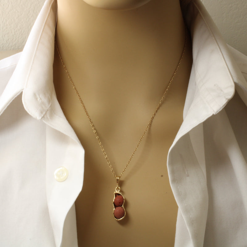 Gold Red Jasper Peanut Necklace with two peanuts 14kt Gold Vermeil