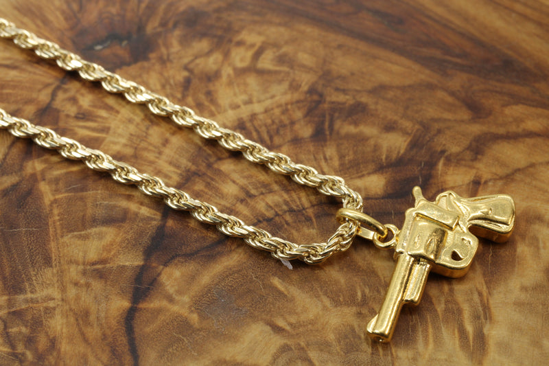 3-D Gold Revolver Pistol Necklace for him or her made in 14kt gold vermeil