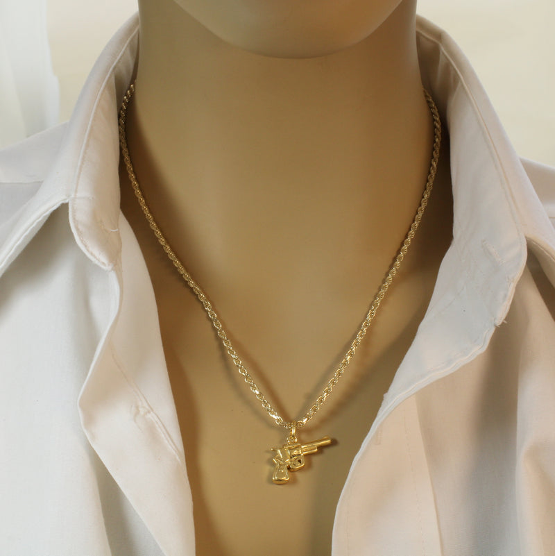 3-D Gold Revolver Pistol Necklace for him or her made in 14kt gold vermeil