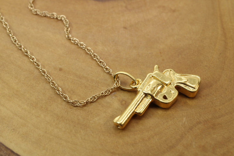3-D Gold Revolver Pistol Necklace for him or her made in 14kt gold vermeil