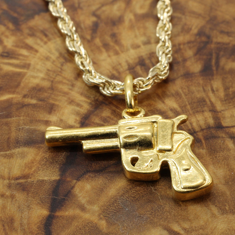 3-D Gold Revolver Pistol Necklace for him or her made in 14kt gold vermeil